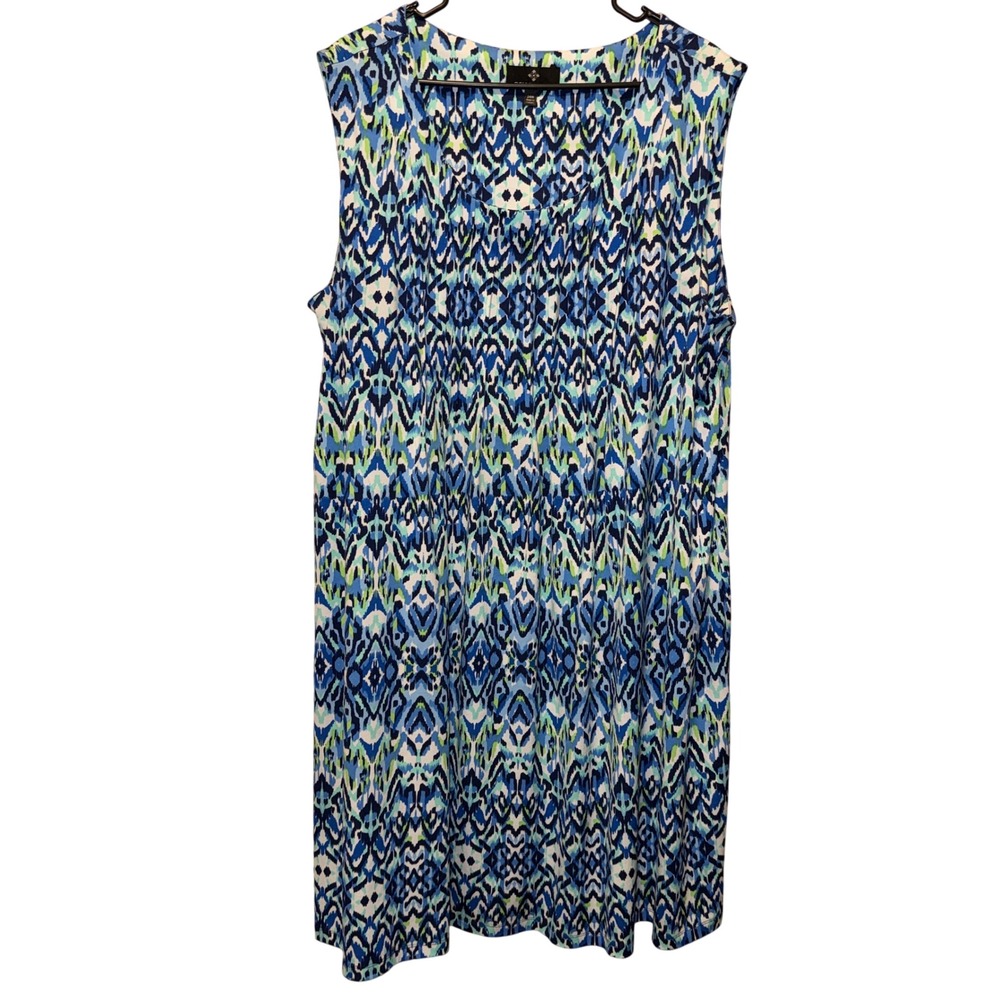 Ronni Nicole Shift Dress 24W Blue Green Ikat Print Sleeveless Pleated Front